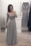 Gray Long Sleeve Chiffon Long Prom Dresses Lace Appliques Rjerdress