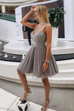 Gray V Neck Short Cocktail Dresses Straps Above Knee Homecoming Dress with Appliques Rjerdress