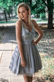 Gray V Neck Short Cocktail Dresses Straps Above Knee Homecoming Dress with Appliques