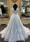 Gray V-Neck Tulle Lace Appliques Sleeveless A-Line Lace-up Long Prom Dresses RJS790 Rjerdress
