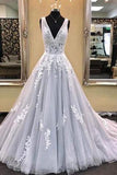Gray V-Neck Tulle Lace Appliques Sleeveless A-Line Lace-up Long Prom Dresses RJS790 Rjerdress