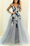 Gray organza V-neck long sleeves see-through handmade flowers A-line Prom Dresses UK RJS353