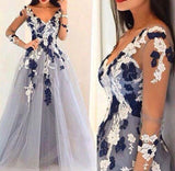 Gray organza V-neck long sleeves see-through handmade flowers A-line Prom Dresses UK RJS353 Rjerdress
