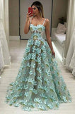 Green A Line Spaghetti Straps Sweetheart Prom Dresses With Appliques, Long Evening Dresses Rjerdress