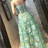 Green A Line Spaghetti Straps Sweetheart Prom Dresses With Appliques, Long Evening Dresses Rjerdress
