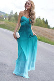 Green A-line Long Real Beauty Peacock Green Strapless Gradient Ombre Chiffon Prom Dresses RJS339