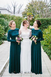 Green Long Sleeve Round Neck Modest Floor-Length Satin A-Line Bridesmaid Dress RJS524