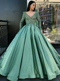 Green Long Sleeves Ball Gown Lace Long Quinceanera Dress with Appliques