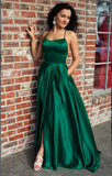 Green Satin Scoop Long Prom Dresses High Slit Sleeveless Criss Cross Evening Dresses RJS666