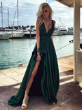 Green V Neck A Line Satin Prom Dresses With Slit Sweep Train