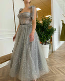 Grey Silver Tulle Spaghetti Straps Ankle Length Prom Dress, Elegant Homecoming Dresses