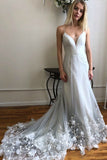 Grey V Neck Spaghetti Straps Beach Wedding Dresses Backless Tulle Appliques Bride Dress W1047