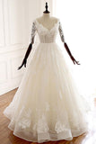 Half Sleeve A Line Ivory V Neck Tulle Lace Organza Long Wedding Dress, Floor Length Bride Dress