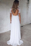 Half Sleeve Ivory Lace Illusion Beach Wedding Dresses with Chiffon Open Back Wedding Gowns W1087 Rjerdress