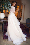 Half Sleeve Scoop Neck Tulle Two Piece Wedding Dresses Floor Length Bride Dresses Rjerdress