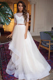 Half Sleeve Scoop Neck Tulle Two Piece Wedding Dresses Floor Length Bride Dresses Rjerdress