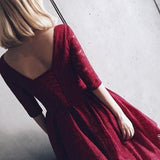 Half Sleeves Burgundy Homecoming Dress With Lace V-Neck Short Cocktail Dress Rjerdress