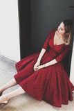Half Sleeves Burgundy Homecoming Dress With Lace V-Neck Short Cocktail Dress
