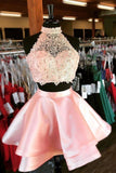 Halter 2 Piece Pink Satin Homecoming Dresses with Lace Mini Short Cocktail Dresses H1023