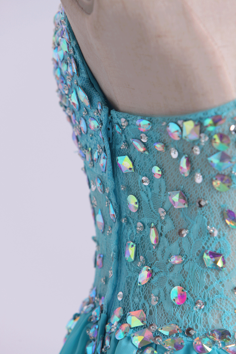 Halter A Line Beaded Bodice Hoco Dresses Lace&Chiffon Short/Mini Rjerdress