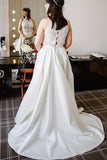 Halter A Line Ivory Satin Sleeveless Long Lace Wedding Dresses