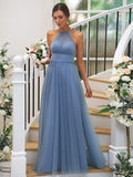 Halter A Line Ruched Bodice Bridesmaid Dresses Tulle Floor Length