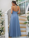 Halter A Line Ruched Bodice Bridesmaid Dresses Tulle Floor Length Rjerdress
