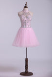 Halter A-Line Short/Mini Hoco Dresses With Beads Tulle Rjerdress