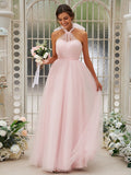 Halter A Line Tulle Pink Bridesmaid Dresses Floor-Length With Ruffles Rjerdress
