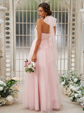 Halter A Line Tulle Pink Bridesmaid Dresses Floor-Length With Ruffles Rjerdress