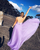 Halter A-line Lavender Tulle Prom Dress with Open Back Long Evening Dresses RJS411 Rjerdress