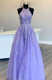 Halter A-line Lavender Tulle Prom Dress with Open Back Long Evening Dresses uk RJS411 Rjerdress