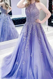 Halter A-line Lavender Tulle Prom Dress with Open Back Long Evening Dresses uk RJS411 Rjerdress