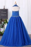 Halter Ball Gown Flower Girl Dresses Dark Royal Blue With Beading Rjerdress