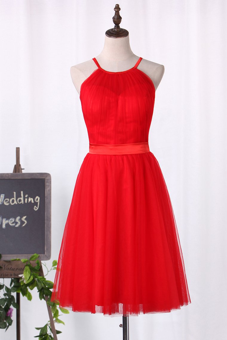 Halter Bridesmaid Dresses Tulle With Ruffles And Sash A Line Rjerdress