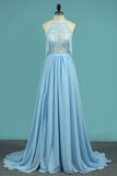 Halter Chiffon A Line Prom Dresses With Applique And Slit Sweep Train Rjerdress