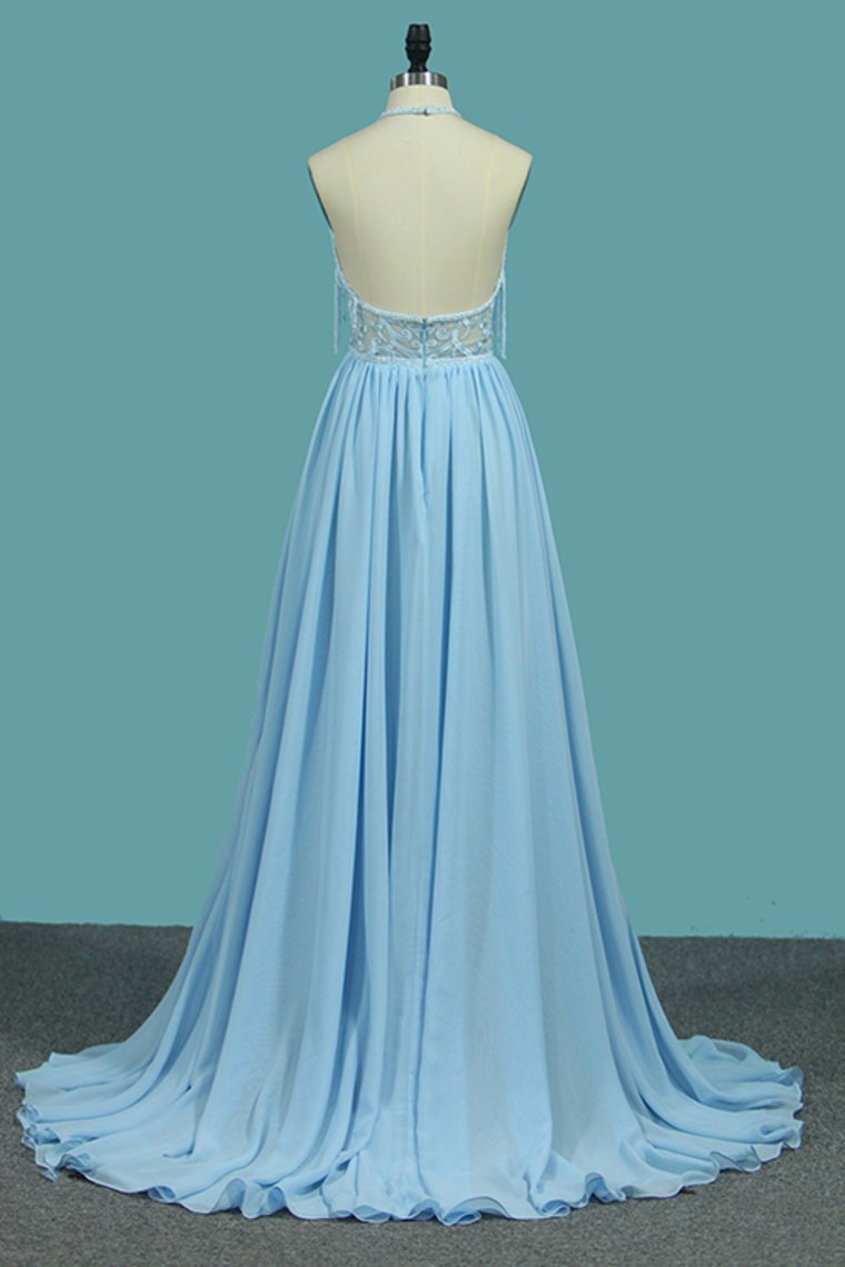 Halter Chiffon A Line Prom Dresses With Applique And Slit Sweep Train Rjerdress