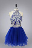 Halter High Neck Beaded Bodice Two Piece Fall Gary Tulle Open Back Hoco Rjerdress