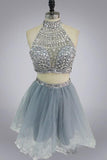 Halter High Neck Beaded Bodice Two Piece Fall Gary Tulle Open Back Hoco Rjerdress