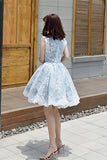Halter Light Sky Blue Lace Appliques Homecoming Dresses with Lace up Cocktail Dresses H1125 Rjerdress