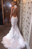 Halter Neck Feather Mermaid Appliques White Prom Dress With Court Train Prom Dresses uk Rjerdress