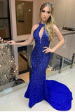Halter Neck Royal Blue Beading Mermaid Prom Dresses