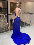 Halter Neck Royal Blue Beading Mermaid Prom Dresses Rjerdress