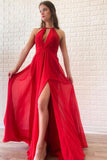 Halter Open Back A Line Red Chiffon Sleeveless Prom Dresses Long Cheap Evening Dresses RJS651