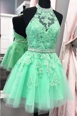 Halter Open Back Appliques Beads Tulle Lace Homecoming Dress RJS529 Rjerdress