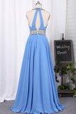 Halter Open Back Party Dresses A Line Chiffon With Beads And Slit
