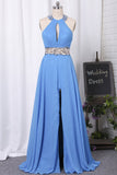 Halter Open Back Party Dresses A Line Chiffon With Beads And Slit Rjerdress