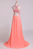 Halter Party Dresses A Line Chiffon & Tulle Sweep Train With Beading Rjerdress