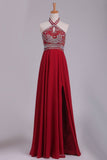 Halter Party Dresses Beaded Bodice A Line Chiffon With Slit Rjerdress