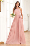 Halter Pleated Chiffon Long Bridesmaid Dresses with Slit Rjerdress
